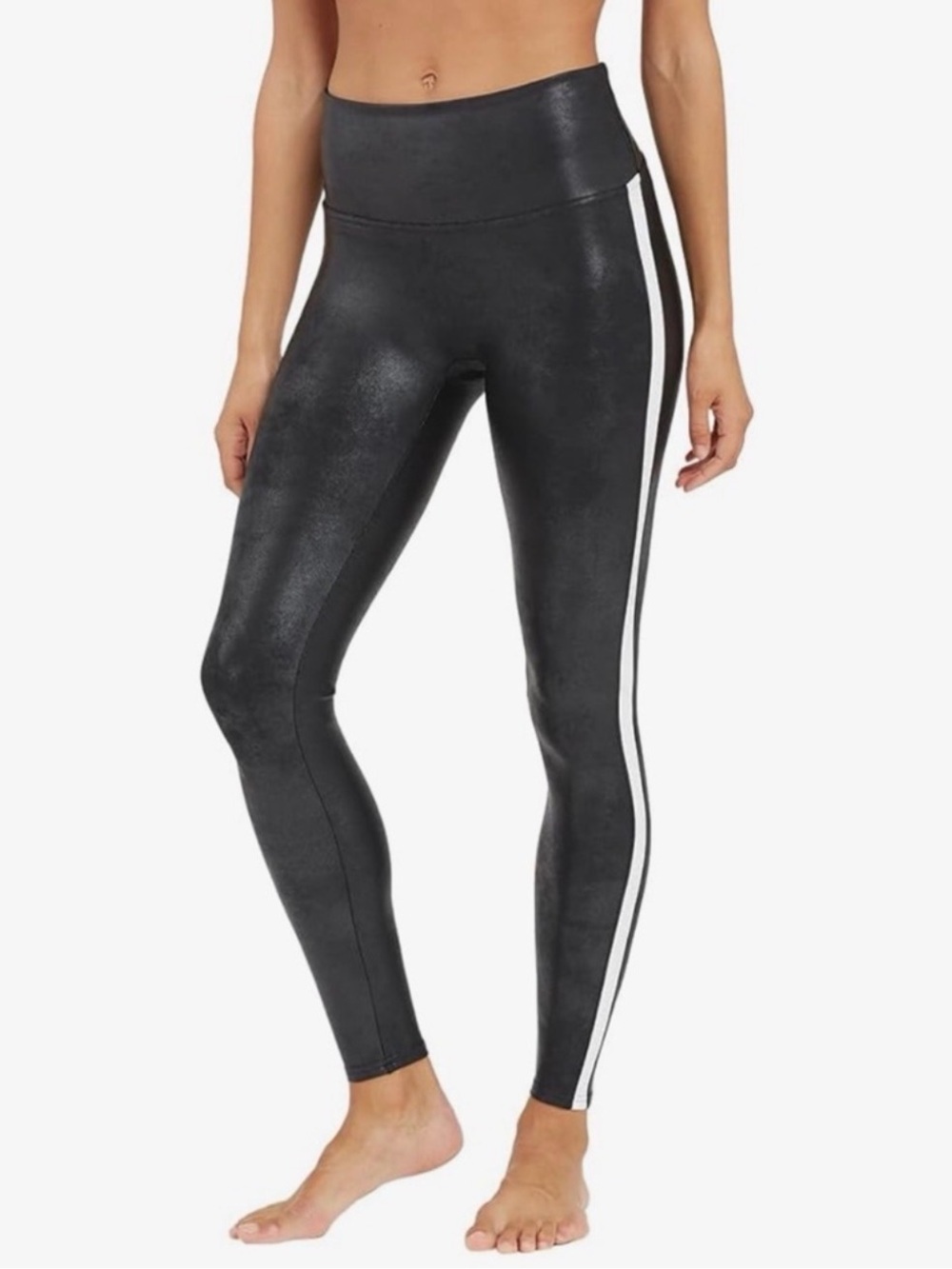 SPANX Black Faux-Leather High-Waist Leggings with White Side Stripe